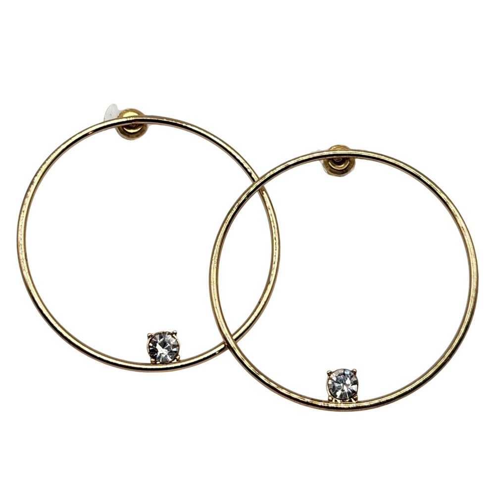 Beautiful Vintage Joan Rivers Hoop Earrings Gold Tone w/ Prong Set Crystal Large